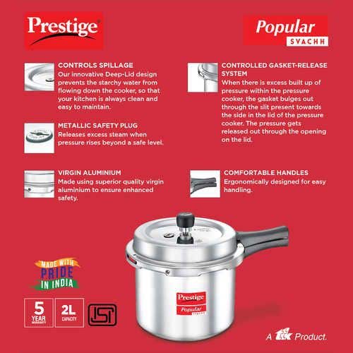 Prestige Popular Svachh Virgin Aluminium Gas and Induction Compatible Pressure Cooker, (Silver)