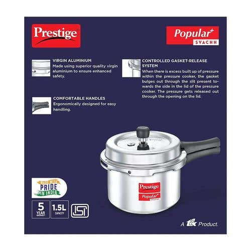 Prestige Popular Plus Svachh Virgin Aluminium Spillage Control Pressure Cooker (Silver)