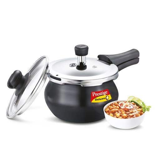 Prestige Deluxe Duo Plus Hard Anodised Gas and Induction Compatible Pressure Handi with Glass Lid, (Black)