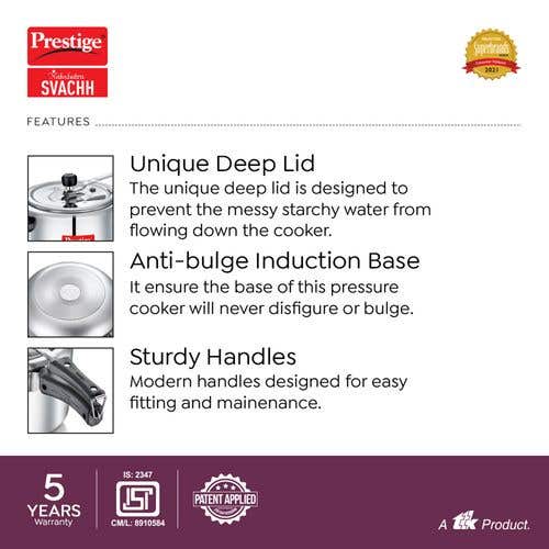 Prestige Nakshatra Svachh Aluminium Inner Lid Pressure Cooker with Unique Deep Lid for Spillage Control, 8 L
