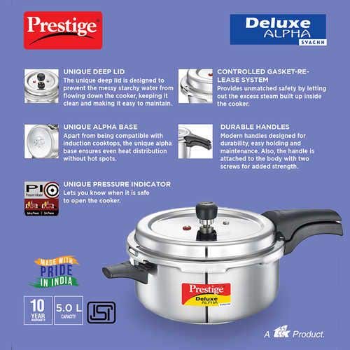 Prestige Deluxe Alpha Svachh Stainless Steel Pressure Cooker with Spillage Control Deep Lid - Silver