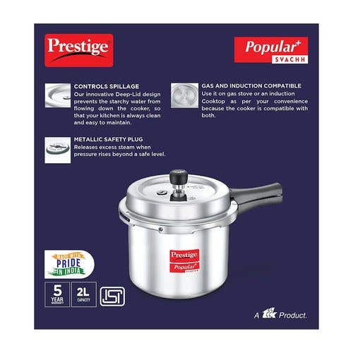 Prestige Popular Plus Svachh Virgin Aluminium Gas and Induction Compatible Pressure Cooker, (Silver)