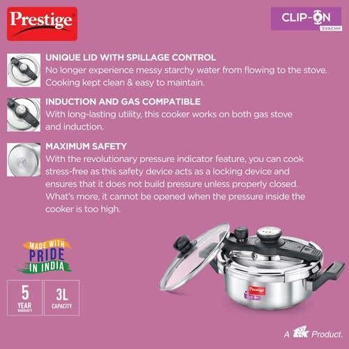 Prestige Clip-on Svachh Stainless Steel Spillage Control Pressure Cooker with Glass Lid, (Silver)