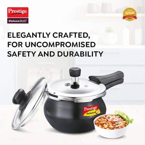 Prestige Deluxe Duo Plus Hard Anodised Pressure Cooker with 1 Glass Lid and 1 Stainless Steel Lid, (Black)