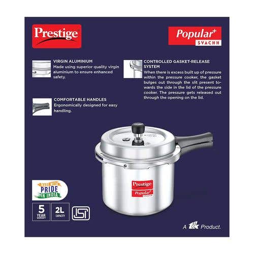 Prestige Popular Plus Svachh Virgin Aluminium Gas and Induction Compatible Pressure Cooker, (Silver)
