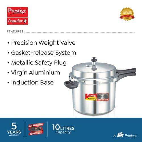 Prestige Popular Plus Virgin Aluminium Gas and Induction Compatible Pressure Cooker, (Silver)