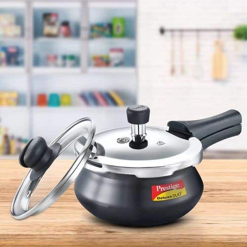Prestige Deluxe Duo Plus Hard Anodised Gas and Induction Compatible Pressure Handi with Glass Lid, (Black)