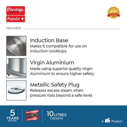 Prestige Popular Plus Virgin Aluminium Gas and Induction Compatible Pressure Cooker, (Silver)