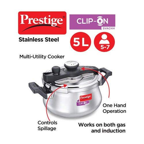 Prestige Clip-on Svachh Stainless Steel Spillage Control Pressure Cooker, (Silver)