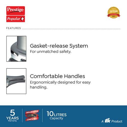 Prestige Popular Plus Virgin Aluminium Gas and Induction Compatible Pressure Cooker, (Silver)