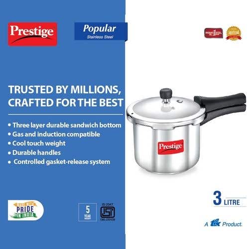 Prestige Popular Stainless Steel Gas and Induction Compatible Pressure Cooker (Silver)