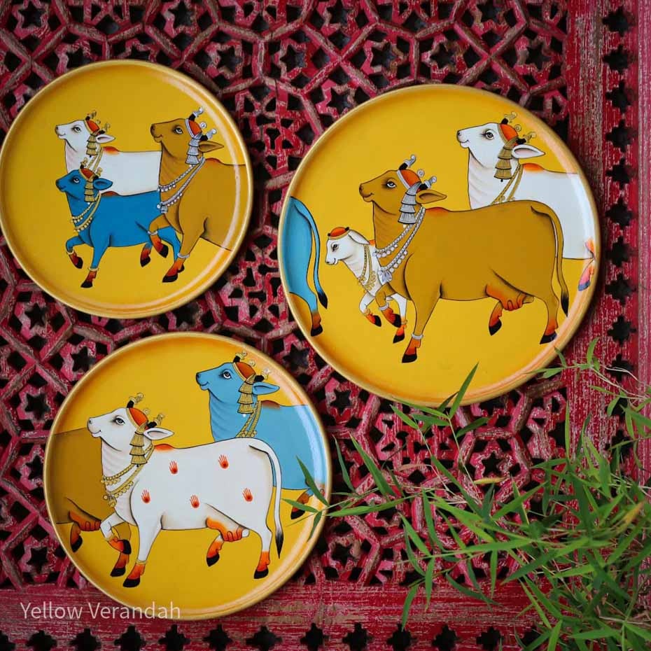 Pichwai Cows Handpainted Wall Plates - Set of 3