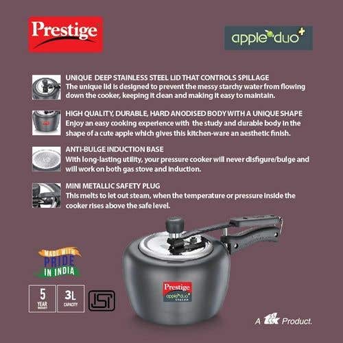 Prestige Apple Duo Plus Hard Anodised Spillage Control Pressure Cooker (Black)