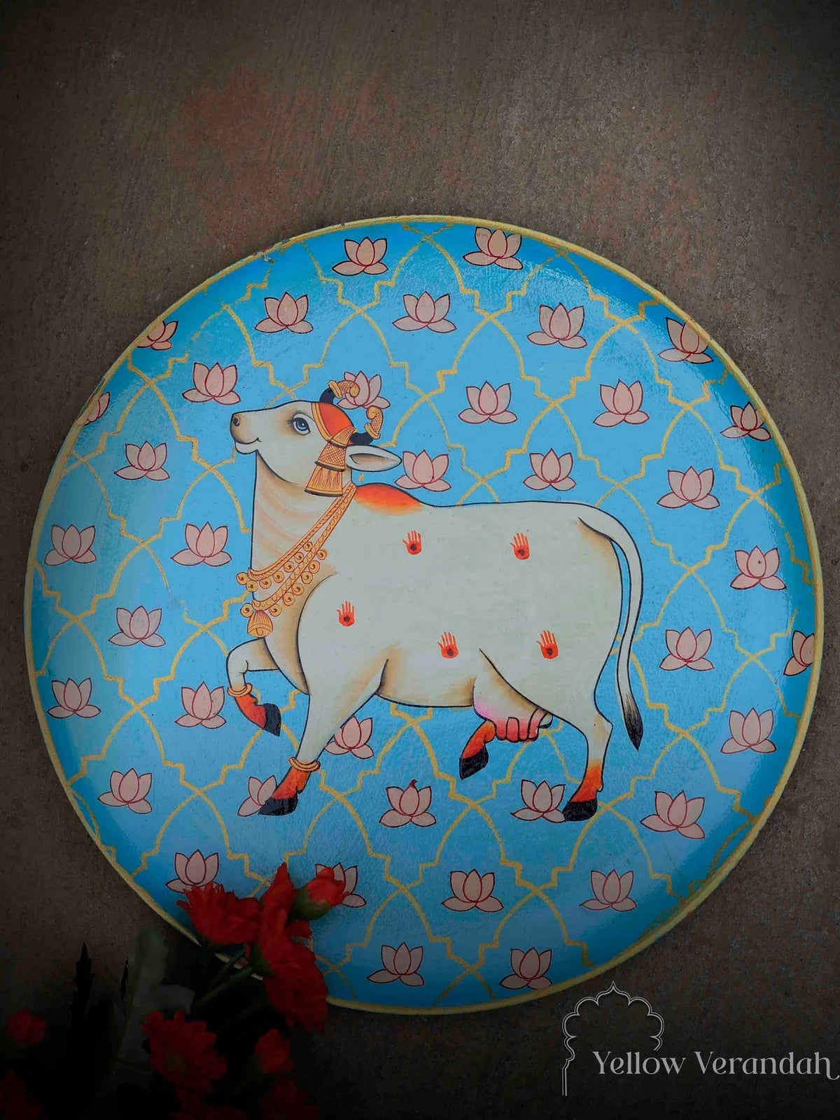 Pichwai Jaali Leaping Cow Handpainted Wall Plate - 10