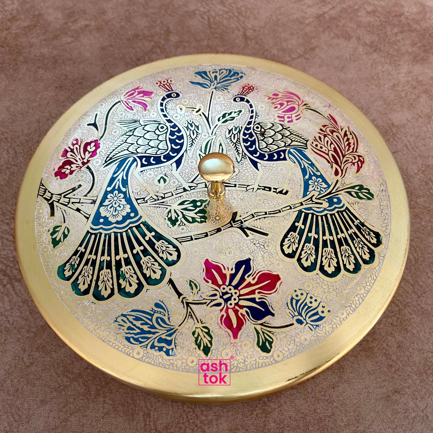Brass Masala Box, Spice Container with 7 Compartments with Meenakari design on the Lid (Dia :- 7 Inch)