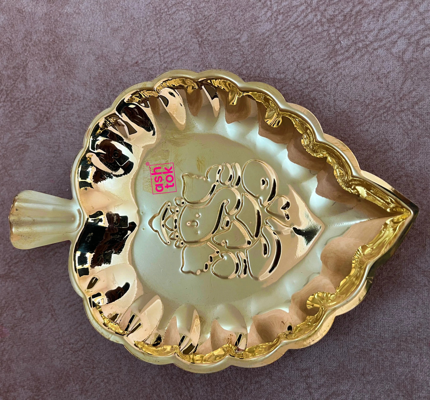Brass Leaf Tray, Decorative brass plate with Ganesh embossed leaf shape