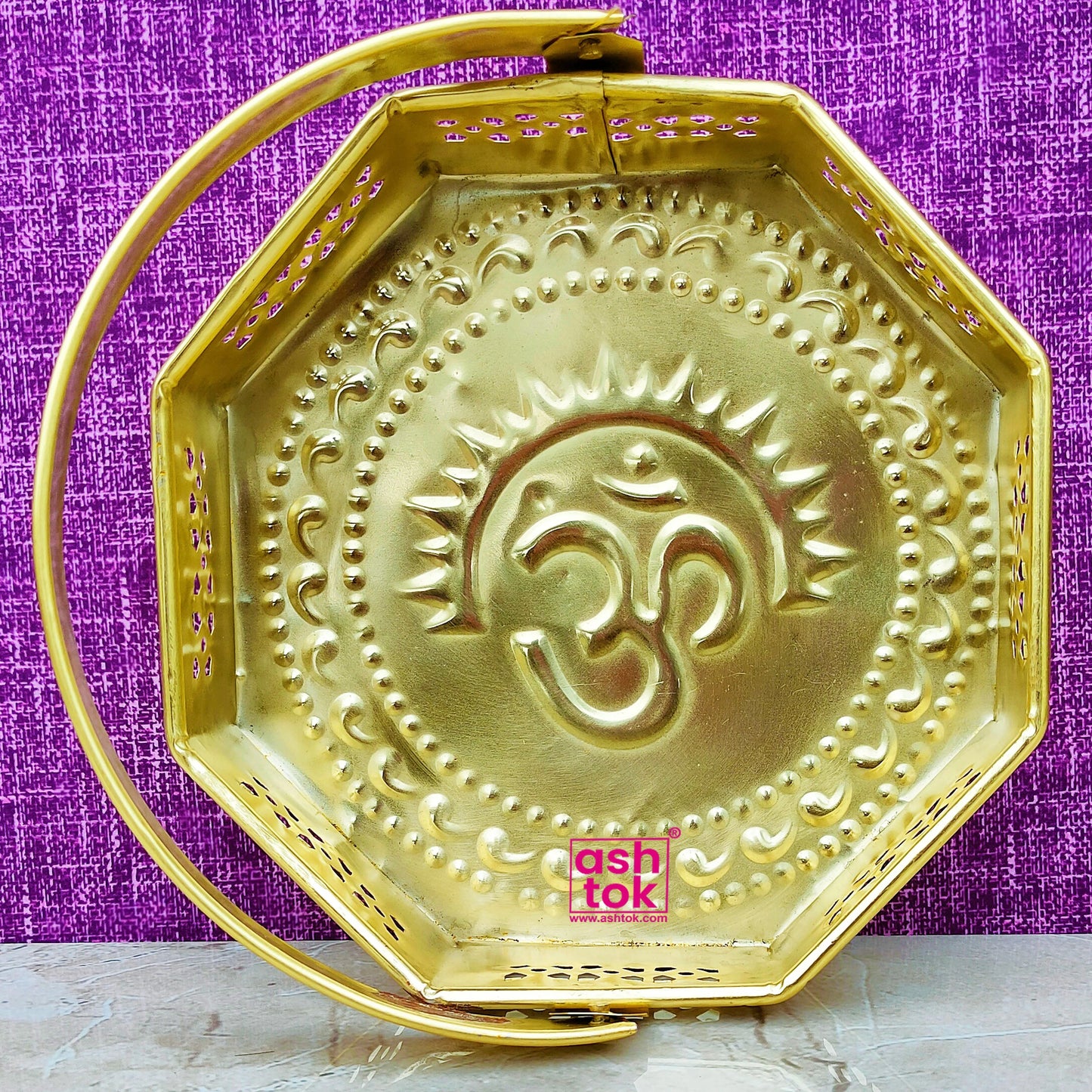 Brass Flower Basket for Puja, Handcrafted OM Puja Basket