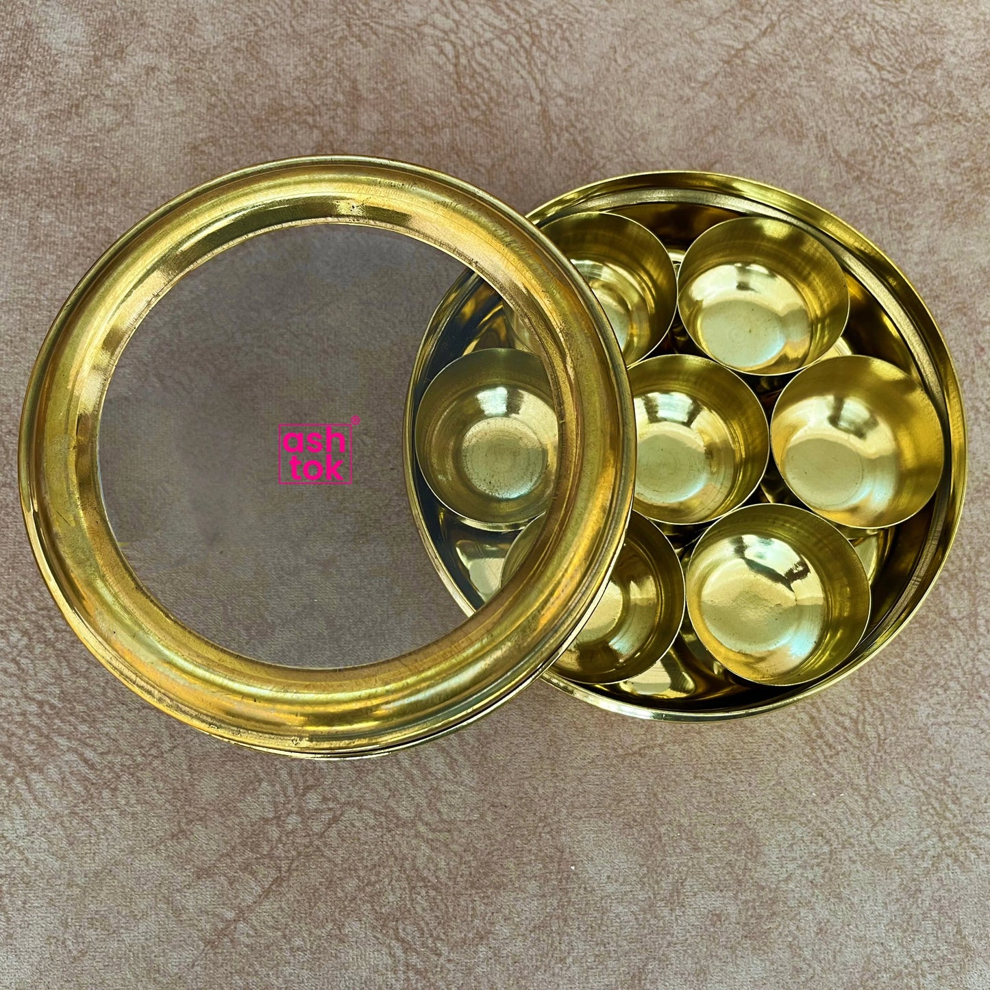 Brass Masala Dabba With Glass Lid, Spice Box, Storage Box with 7 Cup Bowls