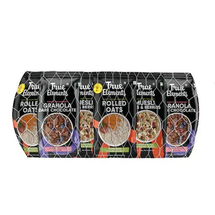 True Elements Breakfast Combo (Rolled Oats Pillow Pouch 38gm*2 + Nuts and Berries Muesli Pillow Pouch 30gm*2 + Baked Granola Almonds And Dark Chocolate 30gm*2) - 196gm