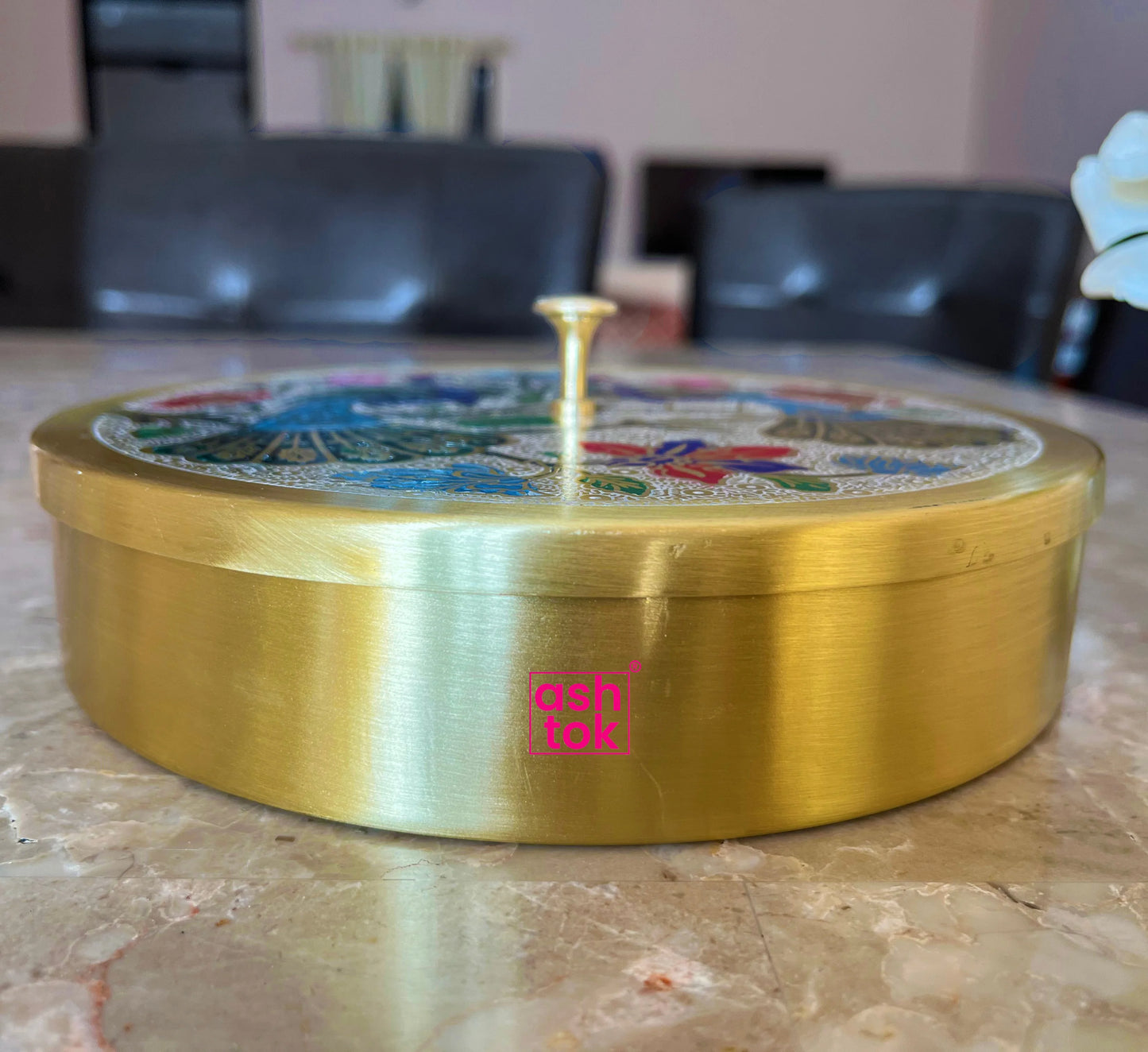 Brass Masala Box, Spice Container with 7 Compartments with Meenakari design on the Lid (Dia :- 7 Inch)