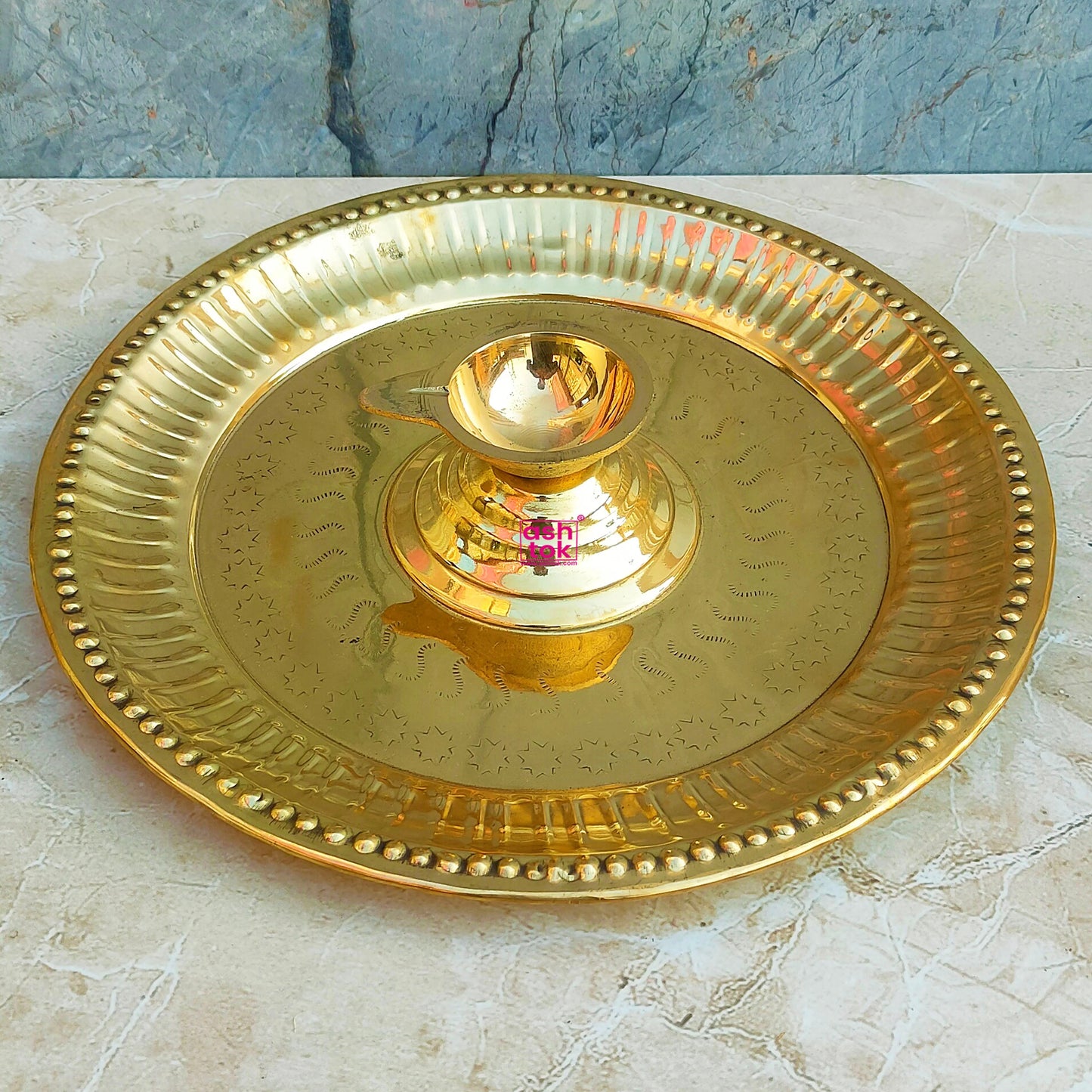 Brass Diya with Attached Plate, Puja Diya for Puja Room