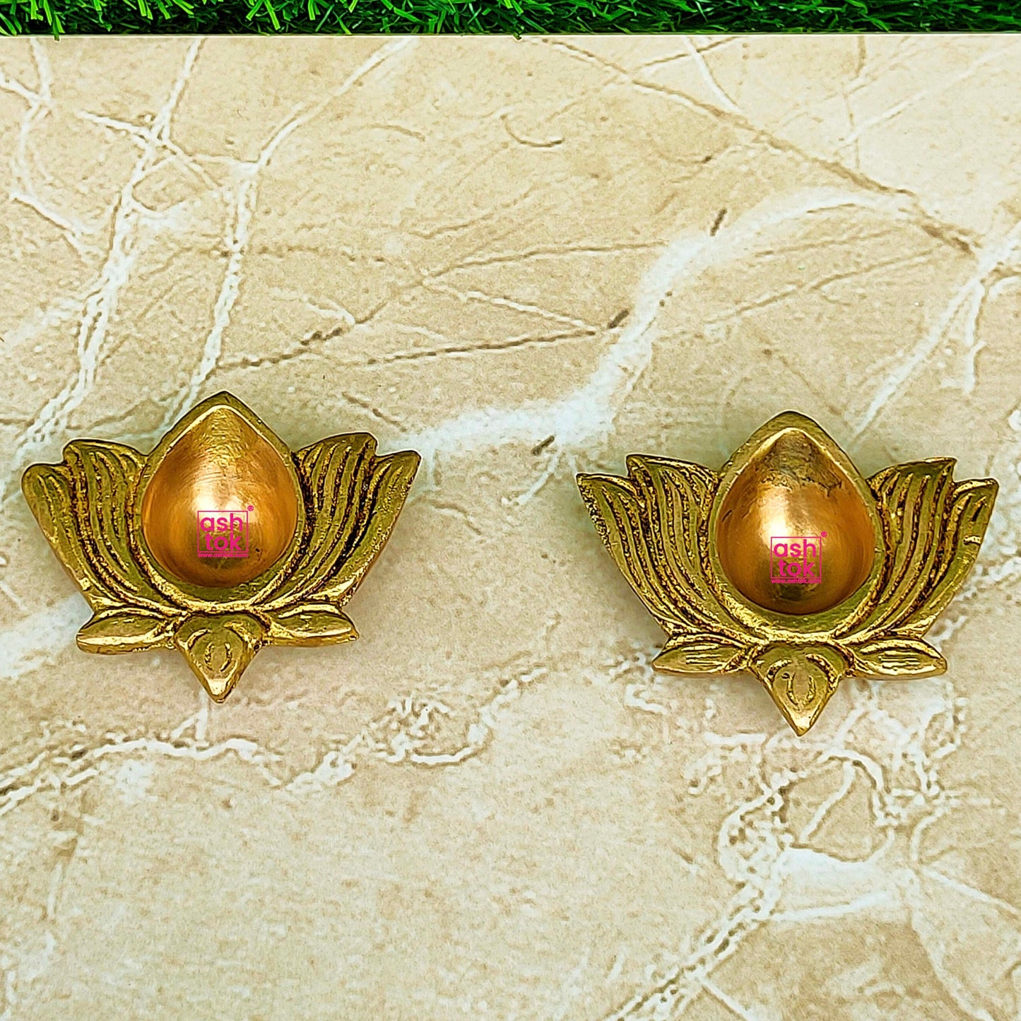 Antic Brass Lotus Design Diya | Brass Puja Diya Set of 2