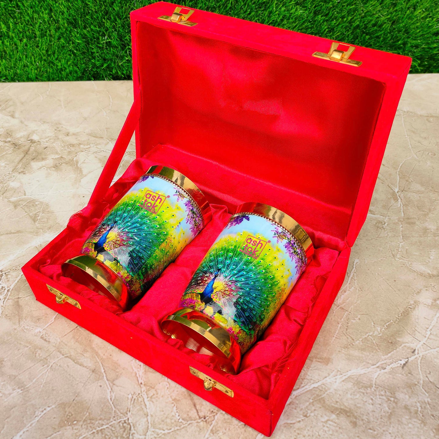 Brass Glasses, Peacock Printed Design Brass Water Glasses (Pack of 2 Pcs)