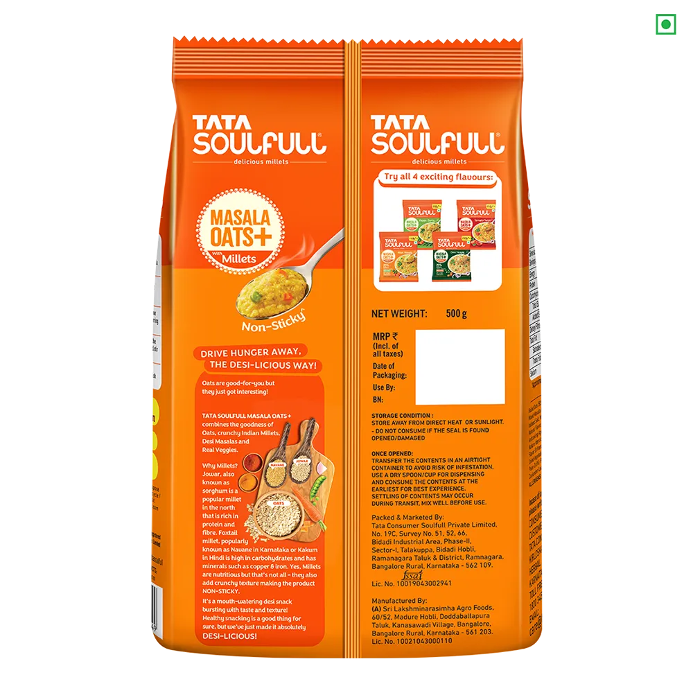 Tata Soulfull Masala Oats+ Mast Masala, with 25% millets, Non sticky - 500g