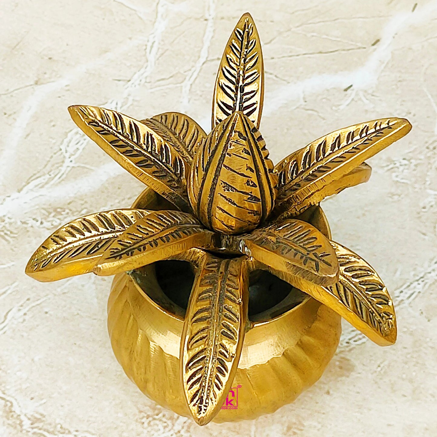 Antic Brass Coconut Design Kalash with Leafs, Kalash for Puja, Brass Puja Decorative Item