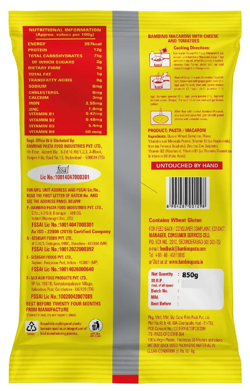 Bambino Macaroni Elbow Pasta - 850g