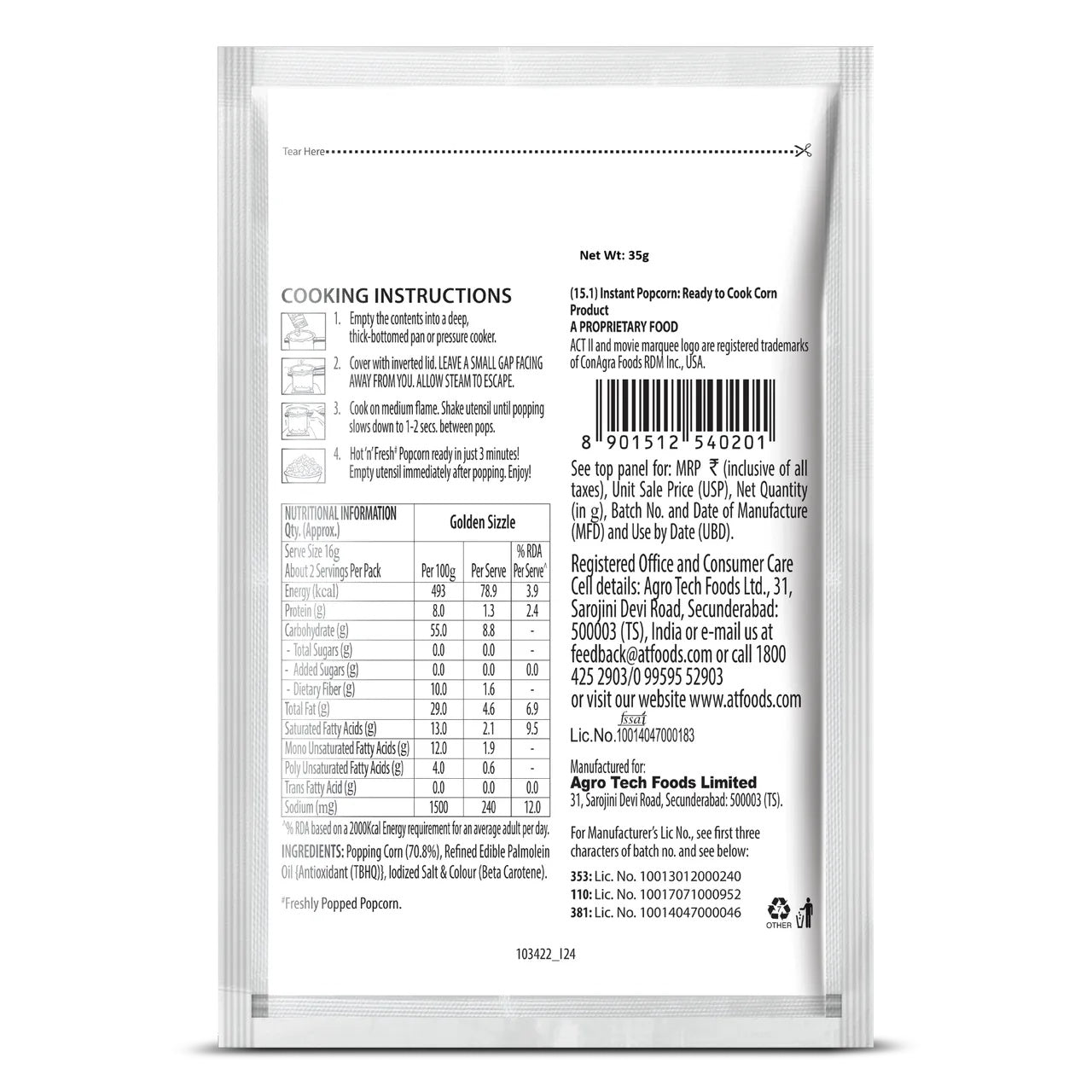 ACT II Instant Popcorn - Golden sizzle, Hot & Fresh in 3 mins - 35g