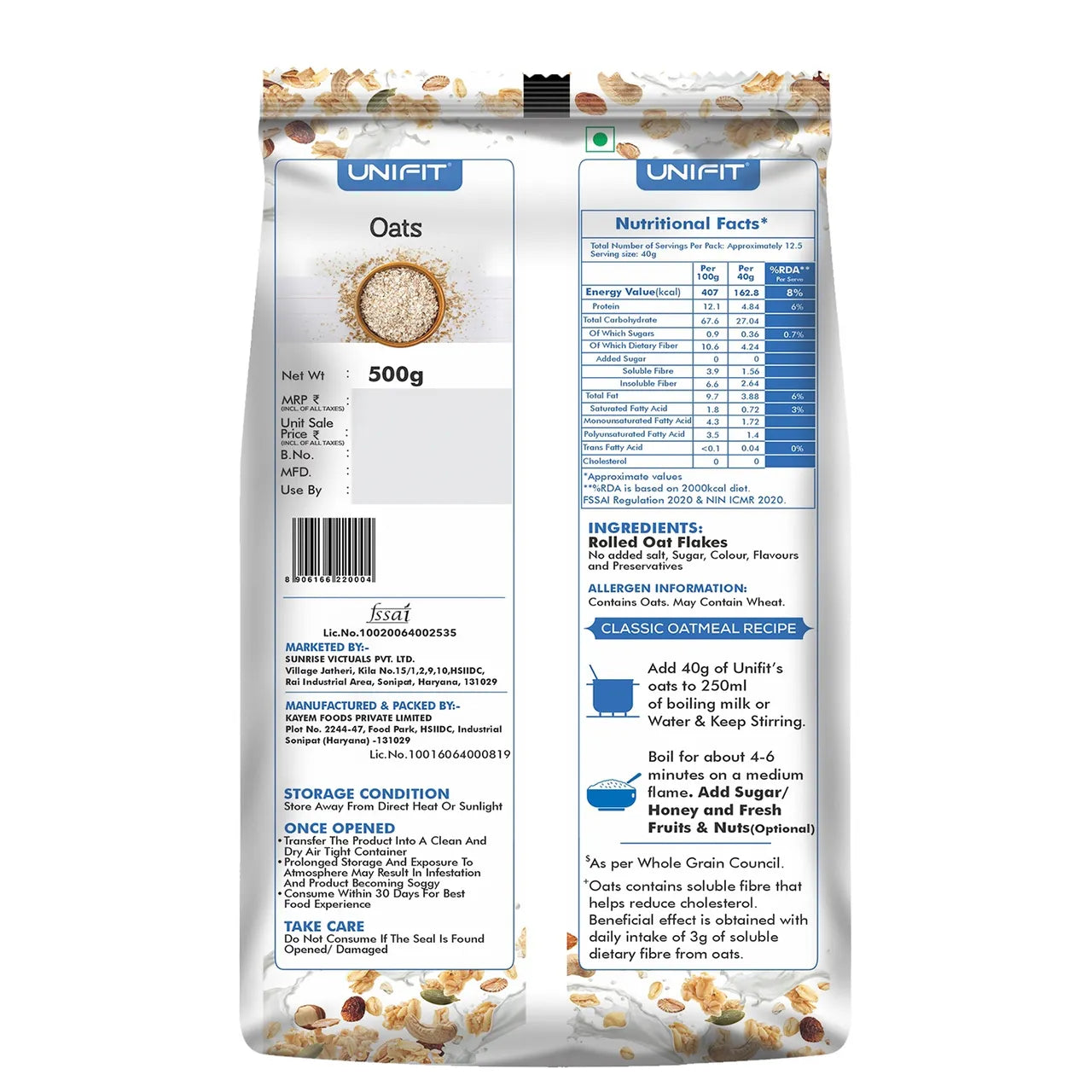 Unifit Oats | High Fiber and Protein | Healthy Breakfast Choice - 500g