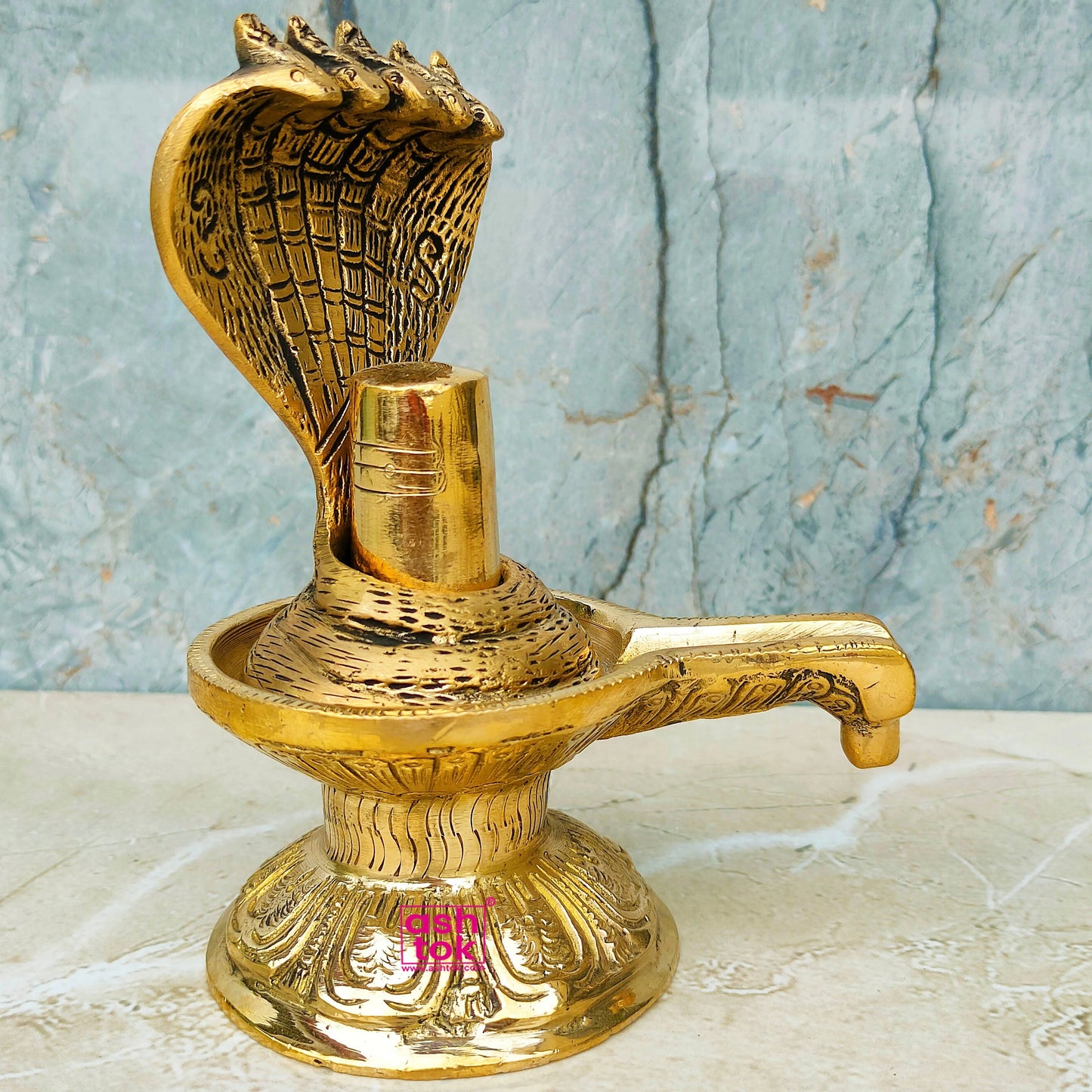 Brass Antic Mahadev Shiva Lingam with 5 Head Snake, Puja Item