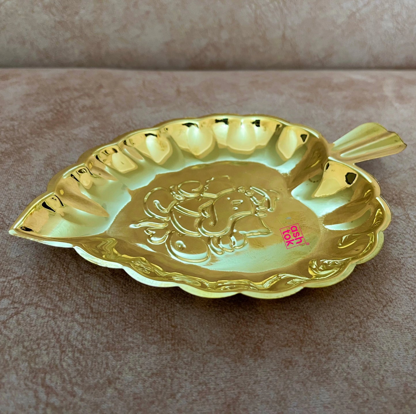 Brass Leaf Tray, Decorative brass plate with Ganesh embossed leaf shape
