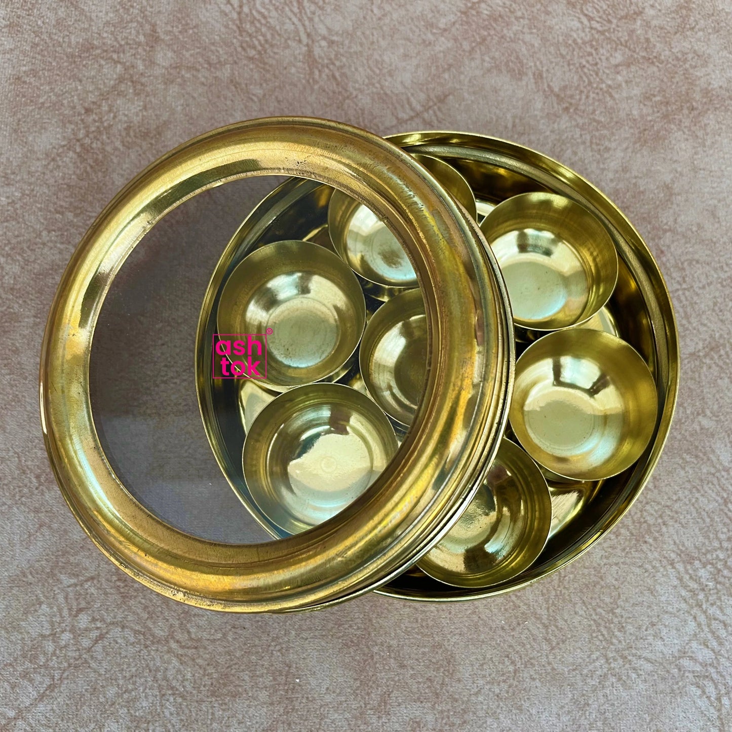 Brass Masala Dabba With Glass Lid, Spice Box, Storage Box with 7 Cup Bowls