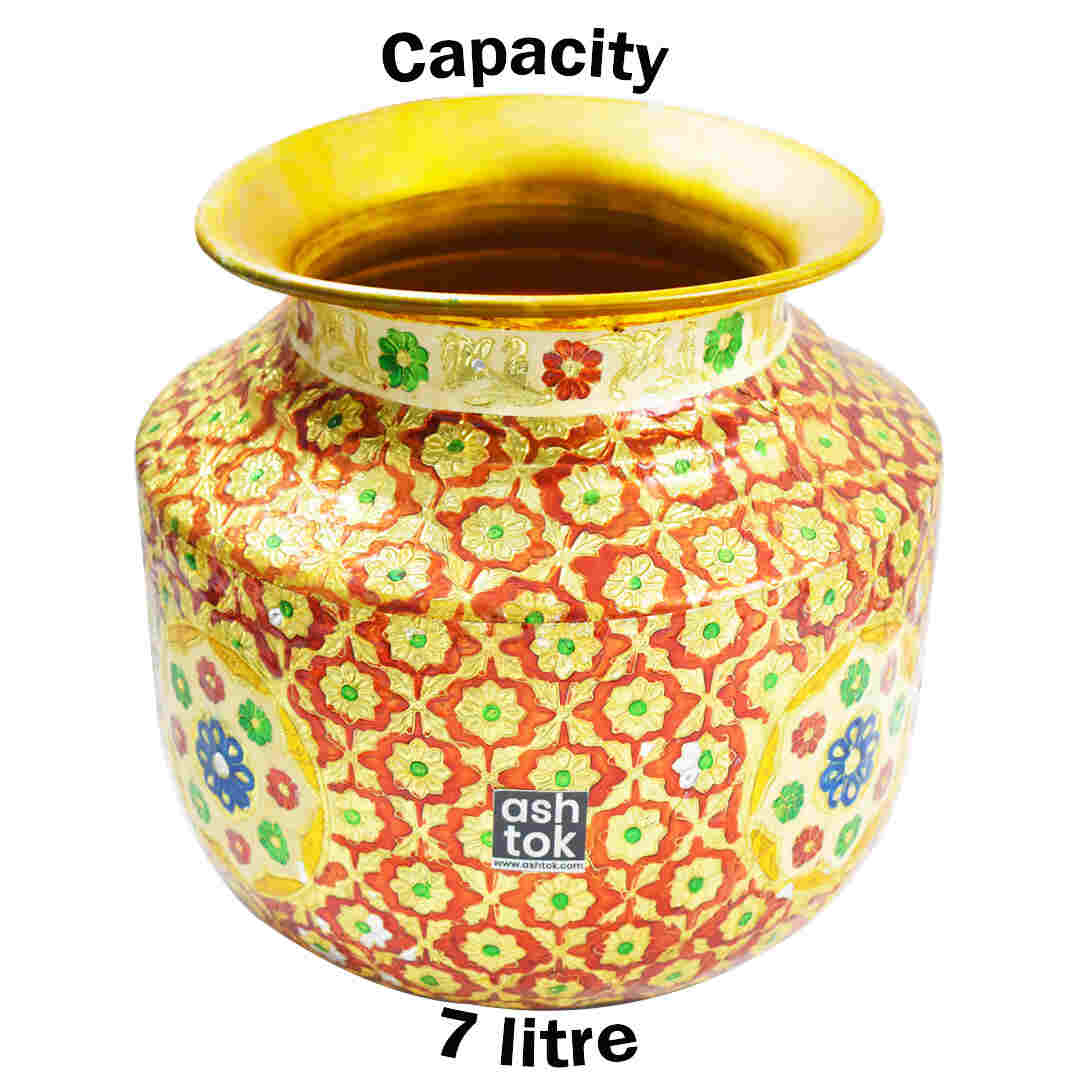 Brass Pot for Water, Meenakari Pot, Multi colour handcrafted Water Pot, Pooja decoration