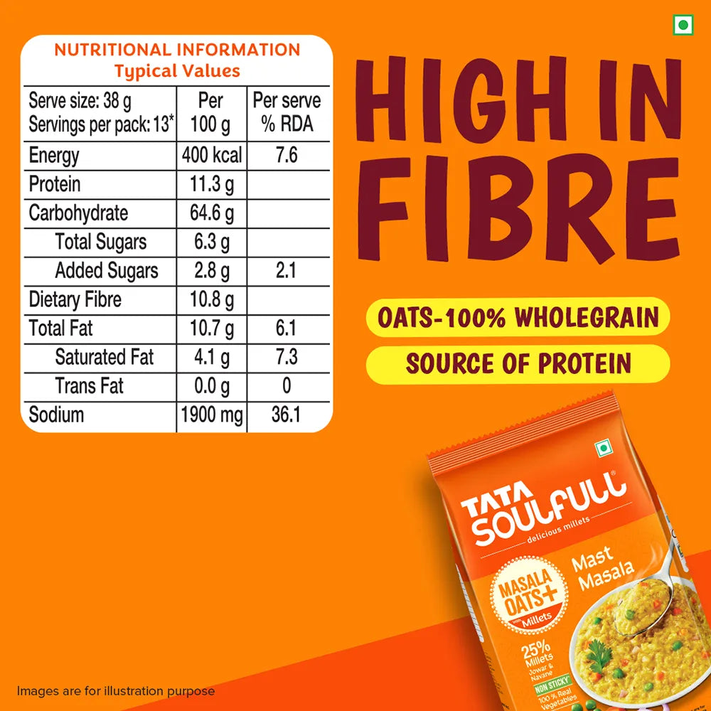 Tata Soulfull Masala Oats+ Mast Masala, with 25% millets, Non sticky - 500g