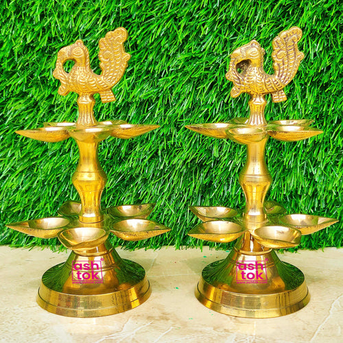 Brass Panchamahal 2 Step Peacock diya Set, Handmade diwali diya (Set of 2)