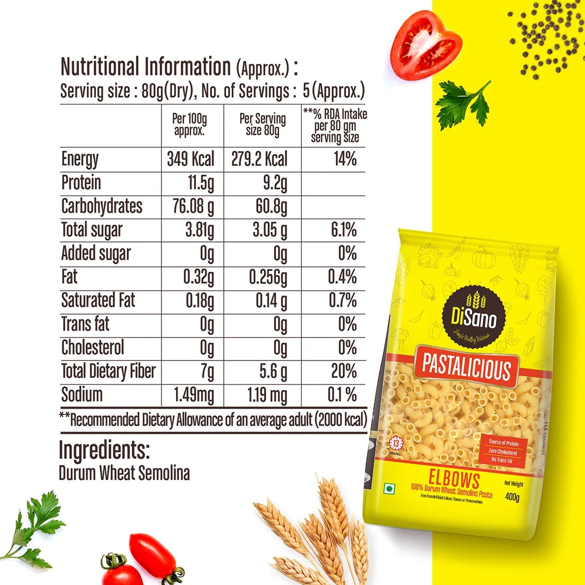 Disano Elbow Pasta, 100% Durum Wheat, No Maida - 400g