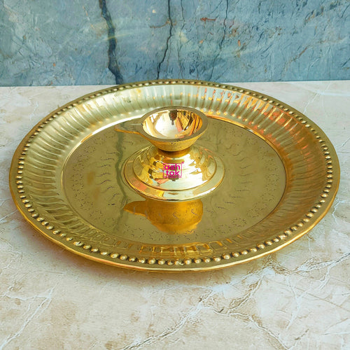 Brass Diya with Attached Plate, Puja Diya for Puja Room