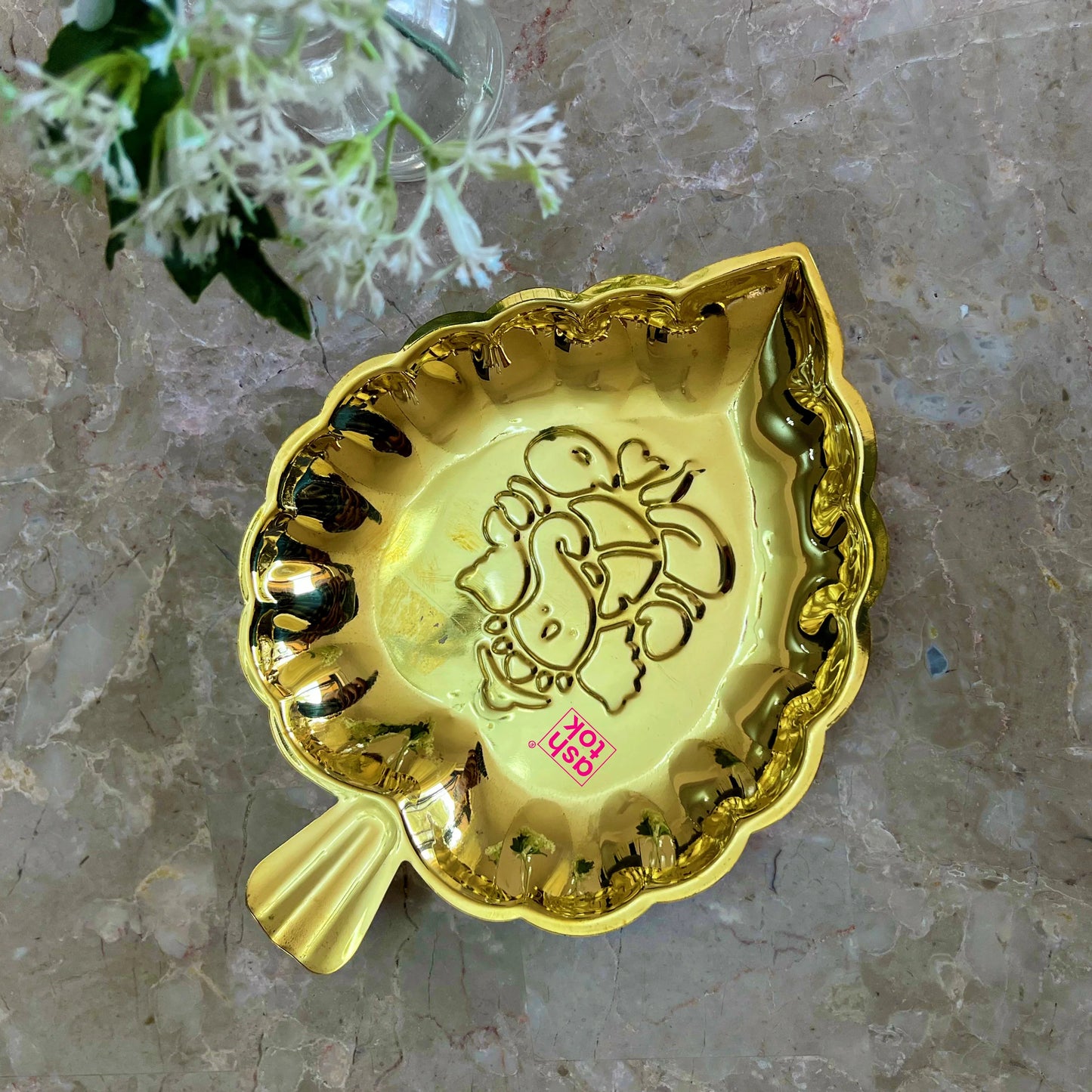 Brass Leaf Tray, Decorative brass plate with Ganesh embossed leaf shape