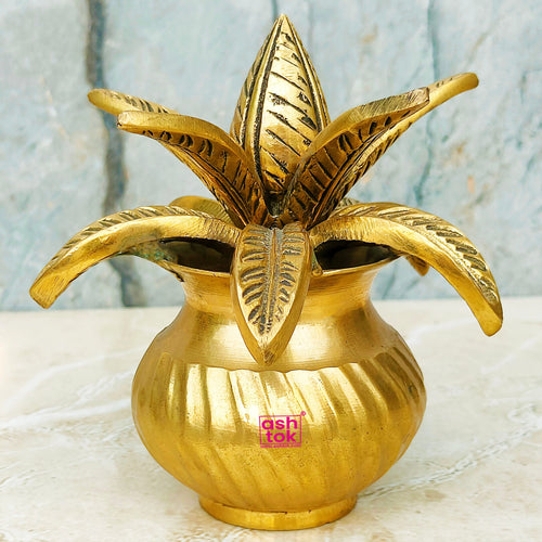 Antic Brass Coconut Design Kalash with Leafs, Kalash for Puja, Brass Puja Decorative Item
