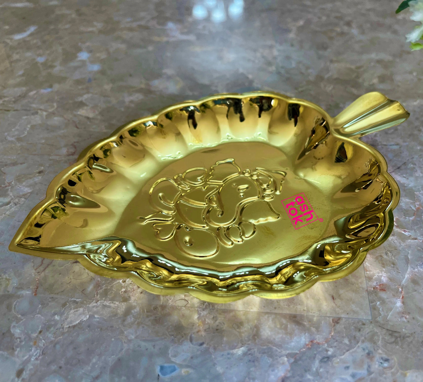 Brass Leaf Tray, Decorative brass plate with Ganesh embossed leaf shape