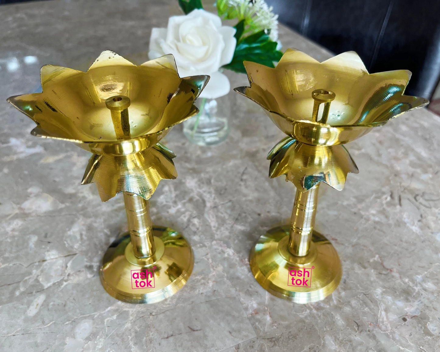 Brass Lotus stand diya, Brass Kamal Diya, Brass Oil lamp, Gift Item ( Set of 2 Pcs )
