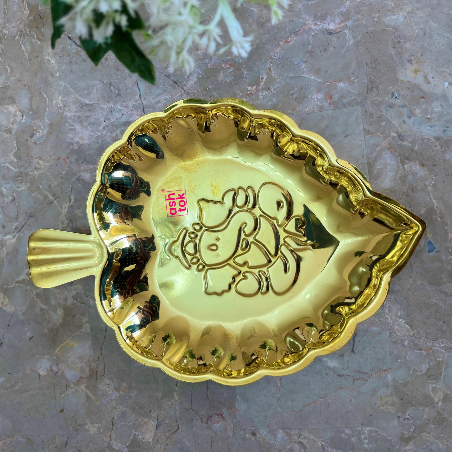 Brass Leaf Tray, Decorative brass plate with Ganesh embossed leaf shape