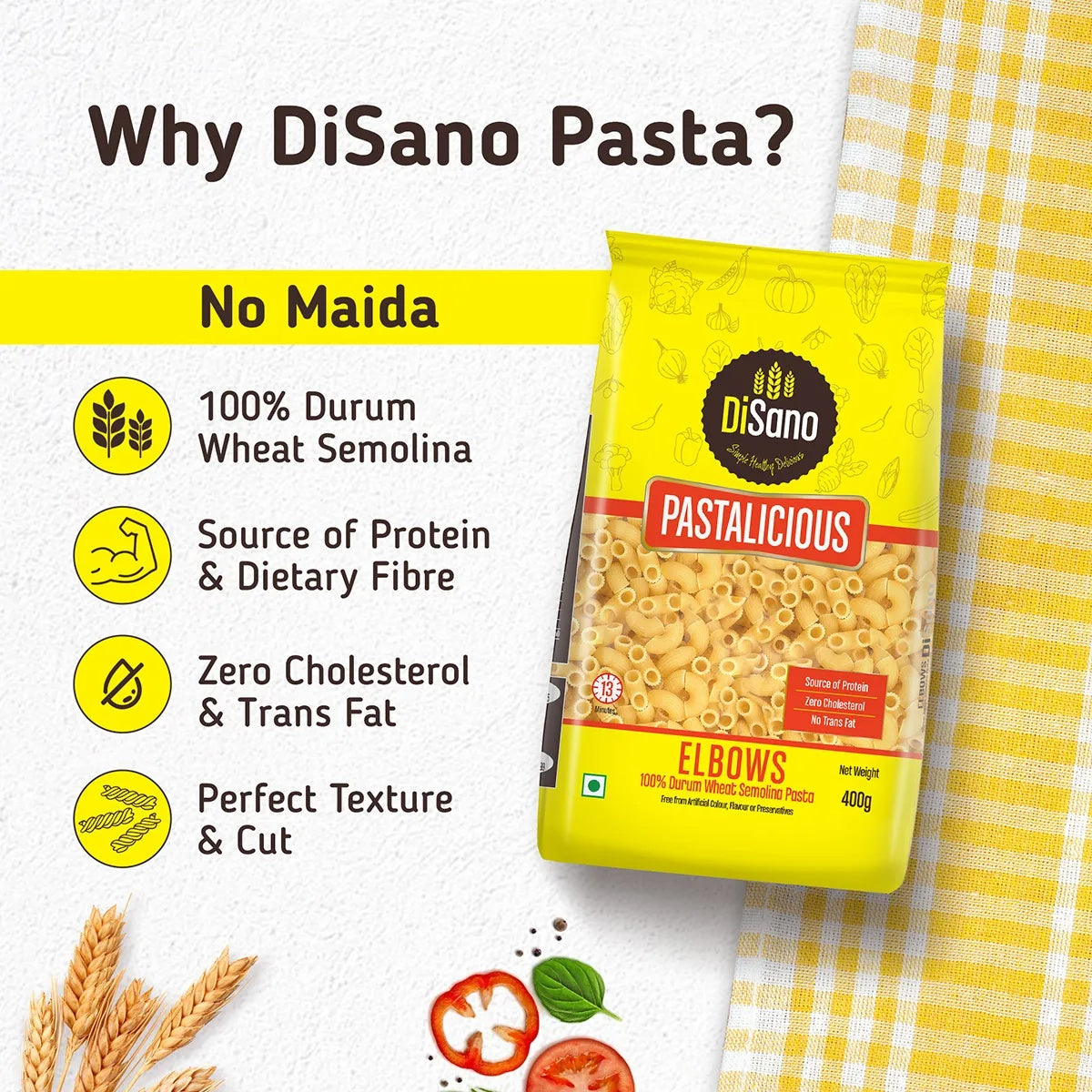 Disano Elbow Pasta, 100% Durum Wheat, No Maida - 400g