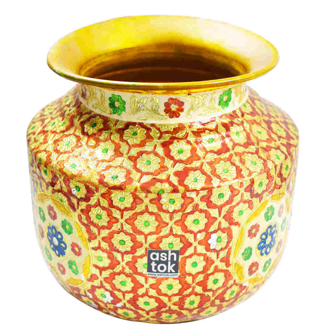 Brass Pot for Water, Meenakari Pot, Multi colour handcrafted Water Pot, Pooja decoration