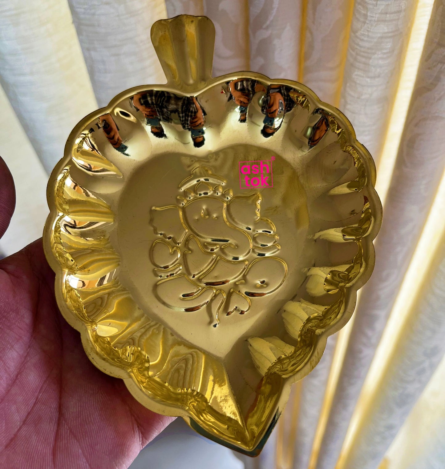 Brass Leaf Tray, Decorative brass plate with Ganesh embossed leaf shape