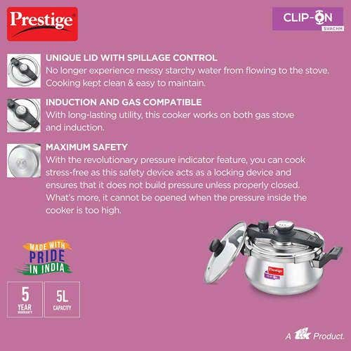 Prestige Clip-on Svachh Stainless Steel Spillage Control Pressure Cooker, (Silver)