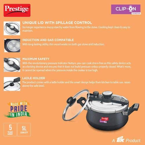 Prestige Clip-on Svachh Hard Anodised Spillage Control Pressure Cooker (Black)